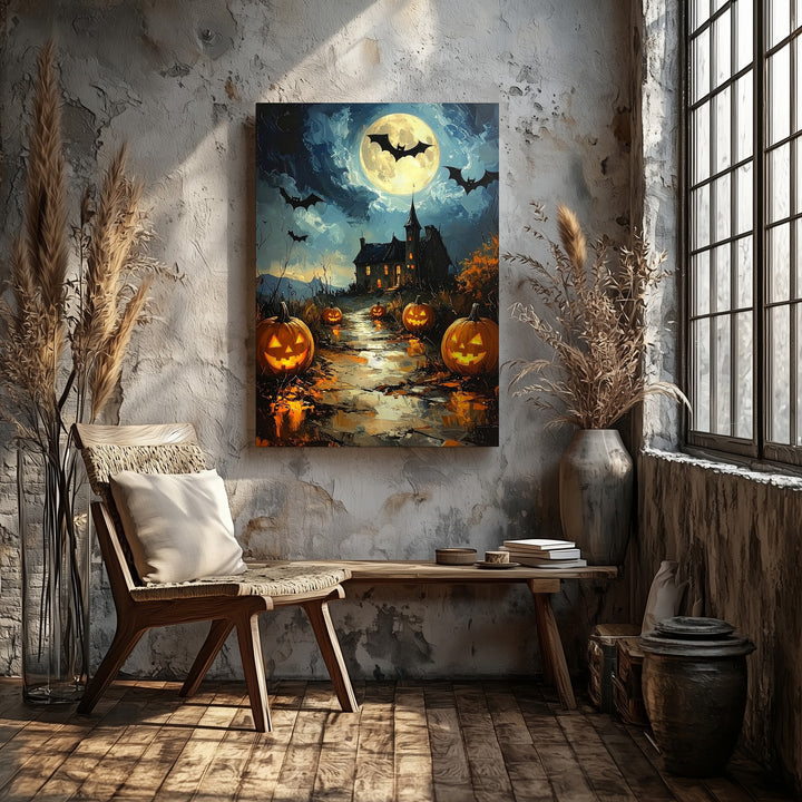 Moonlit Halloween Path Canvas – Glowing Jack-O'-Lanterns & Haunted House Scene - Gifitto