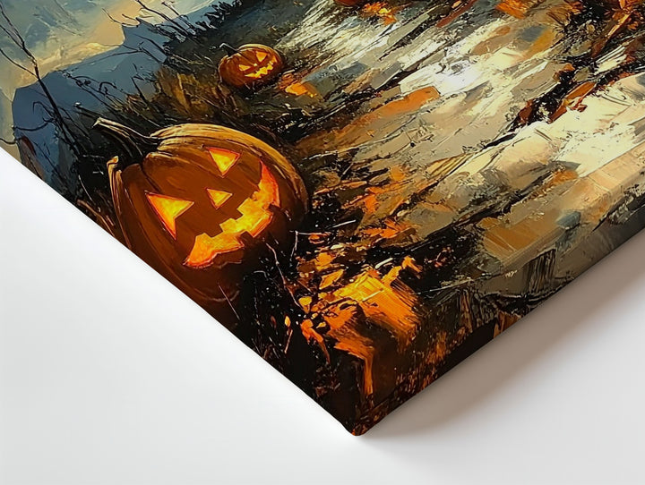 Moonlit Halloween Path Canvas – Glowing Jack-O'-Lanterns & Haunted House Scene - Gifitto