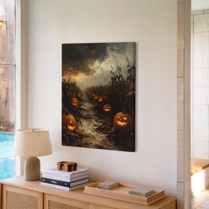 Cursed Pumpkin Patch Canvas – Haunted Halloween Field Horror Art - Gifitto