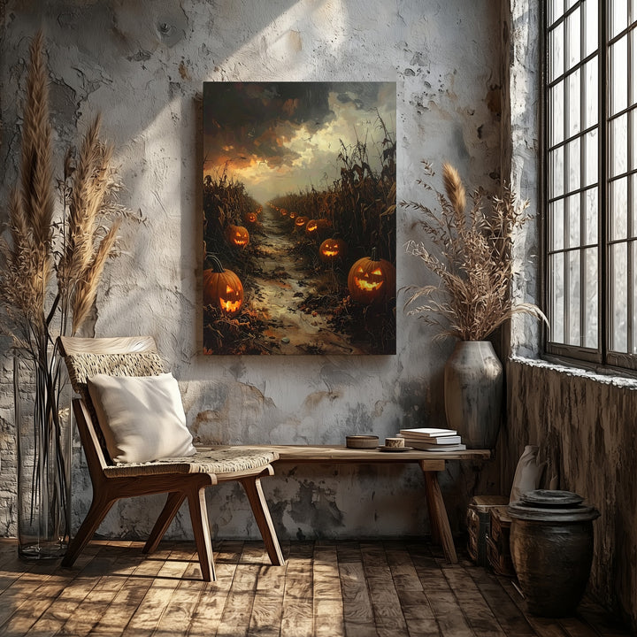 Cursed Pumpkin Patch Canvas – Haunted Halloween Field Horror Art - Gifitto