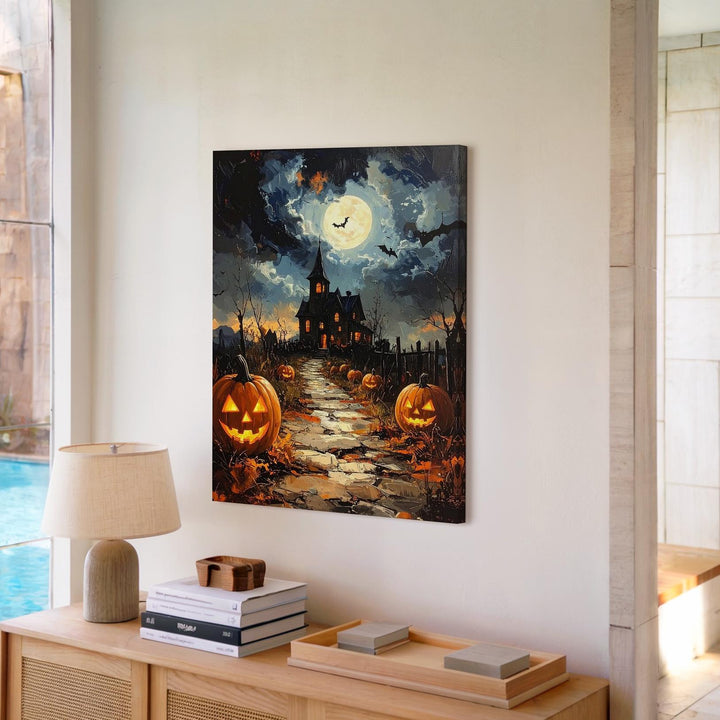 Haunted Path Jack-O'-Lantern Canvas – Full Moon Halloween Night Scene - Gifitto