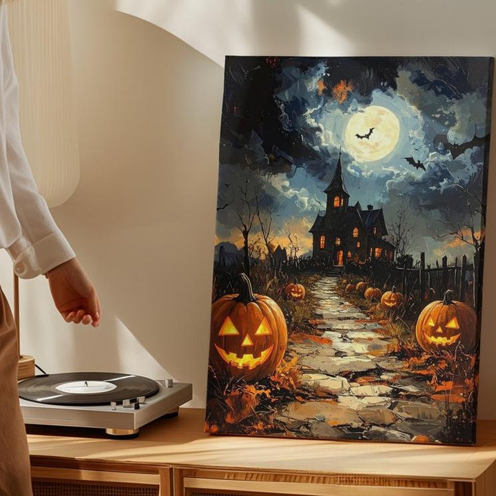 Haunted Path Jack-O'-Lantern Canvas – Full Moon Halloween Night Scene - Gifitto