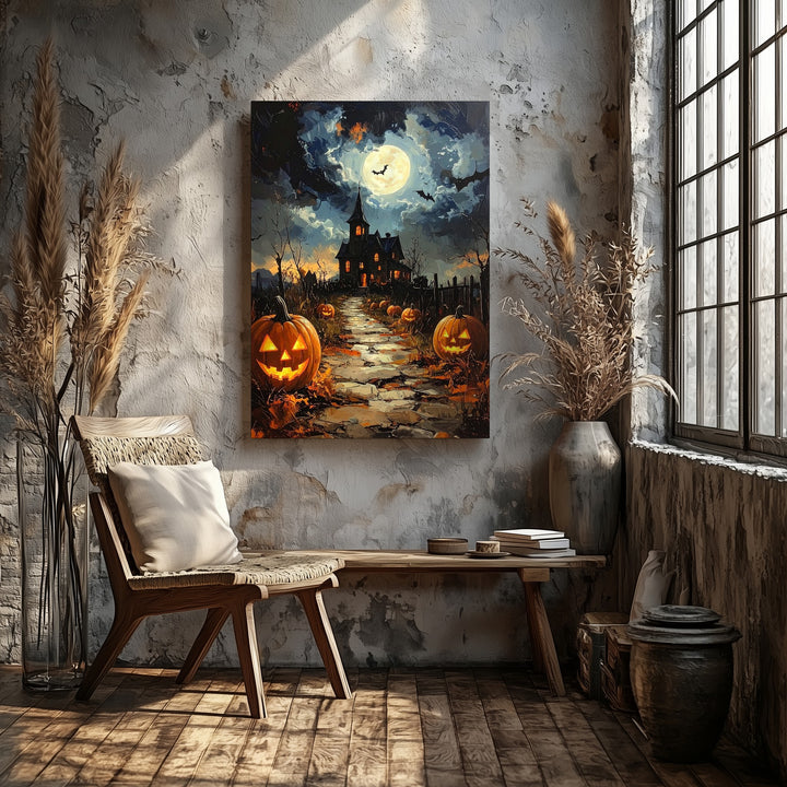 Haunted Path Jack-O'-Lantern Canvas – Full Moon Halloween Night Scene - Gifitto