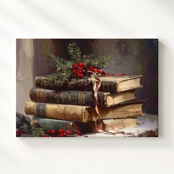 Vintage Christmas Book Stack Canvas – Festive Still Life with Pine & Berries - Gifitto