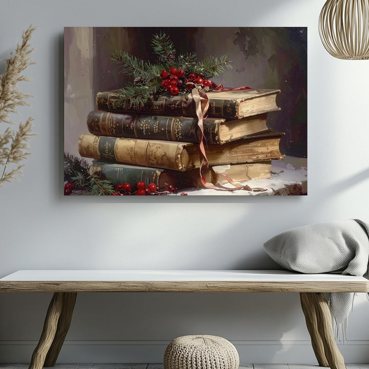 Vintage Christmas Book Stack Canvas – Festive Still Life with Pine & Berries - Gifitto
