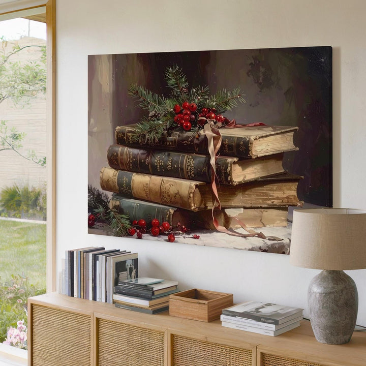 Vintage Christmas Book Stack Canvas – Festive Still Life with Pine & Berries - Gifitto