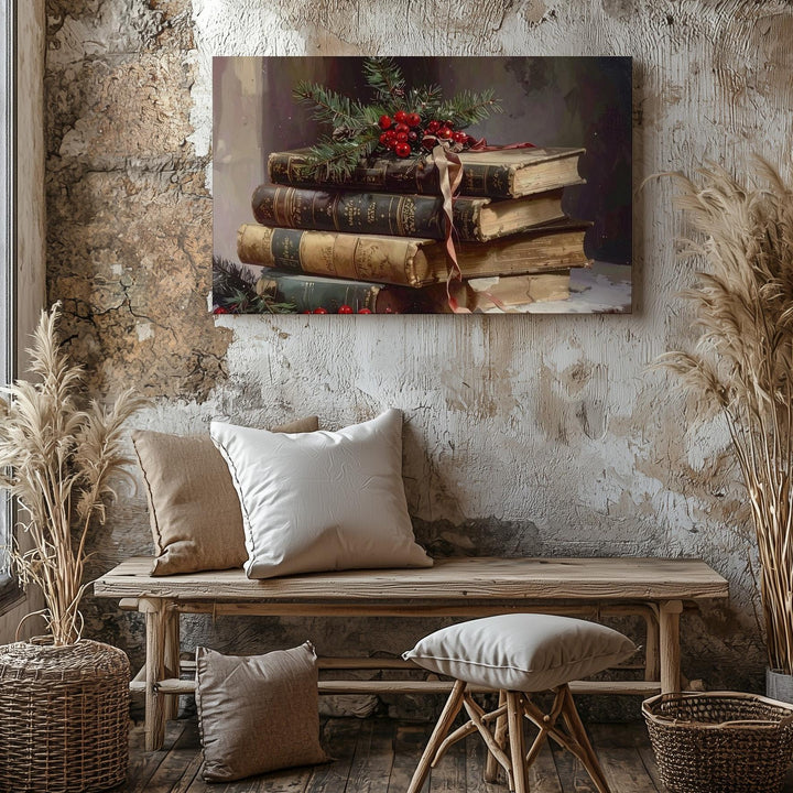 Vintage Christmas Book Stack Canvas – Festive Still Life with Pine & Berries - Gifitto