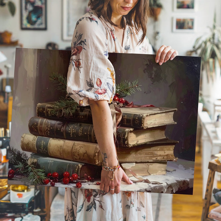 Vintage Christmas Book Stack Canvas – Festive Still Life with Pine & Berries - Gifitto