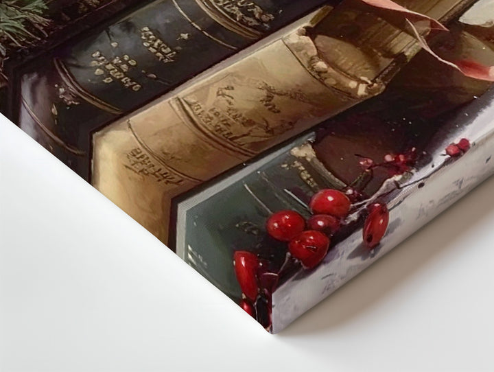 Vintage Christmas Book Stack Canvas – Festive Still Life with Pine & Berries - Gifitto