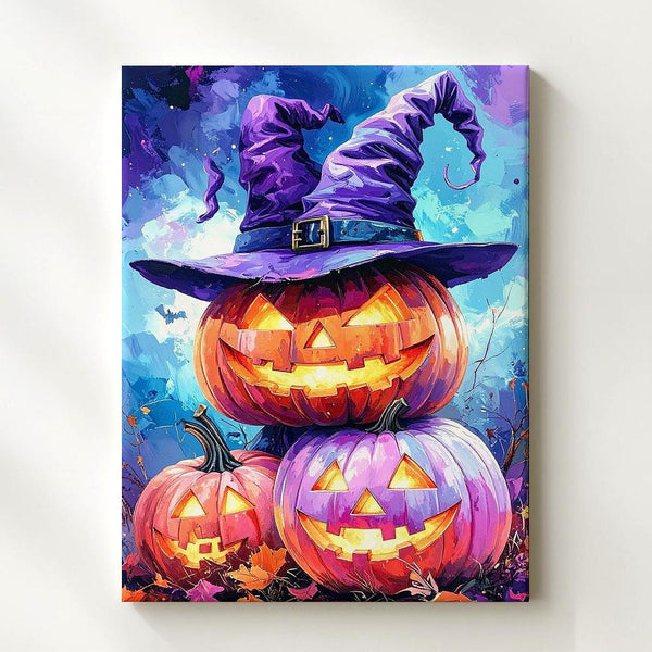 Stacked Wizard Pumpkins Canvas – Glowing Halloween Fantasy Art on Blue - Gifitto