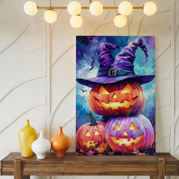 Stacked Wizard Pumpkins Canvas – Glowing Halloween Fantasy Art on Blue - Gifitto