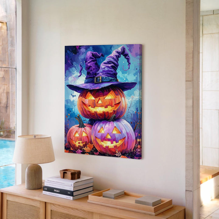 Stacked Wizard Pumpkins Canvas – Glowing Halloween Fantasy Art on Blue - Gifitto