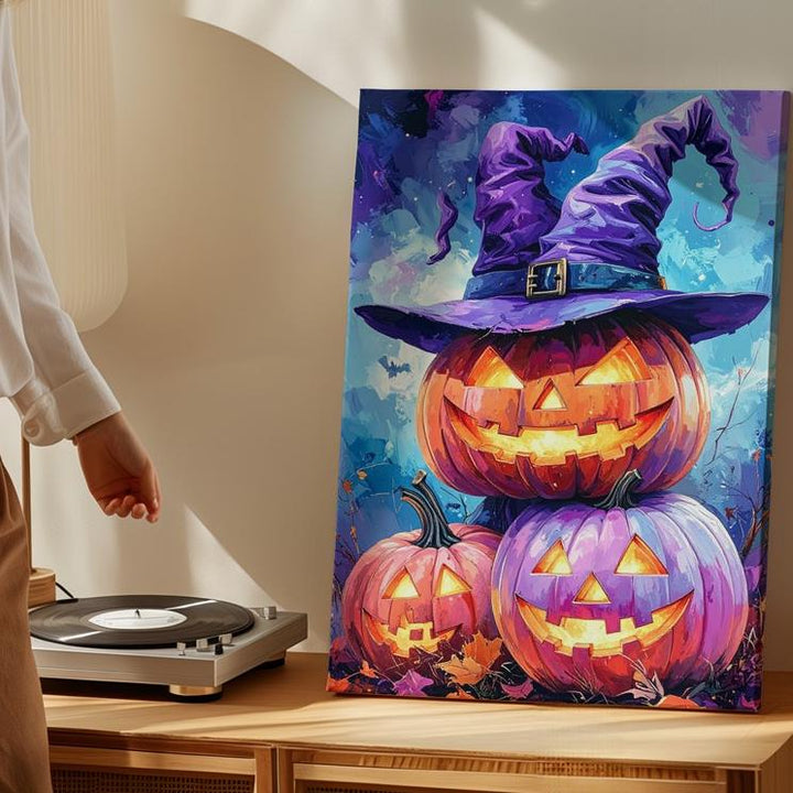 Stacked Wizard Pumpkins Canvas – Glowing Halloween Fantasy Art on Blue - Gifitto