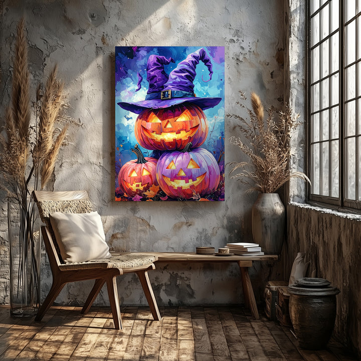 Stacked Wizard Pumpkins Canvas – Glowing Halloween Fantasy Art on Blue - Gifitto