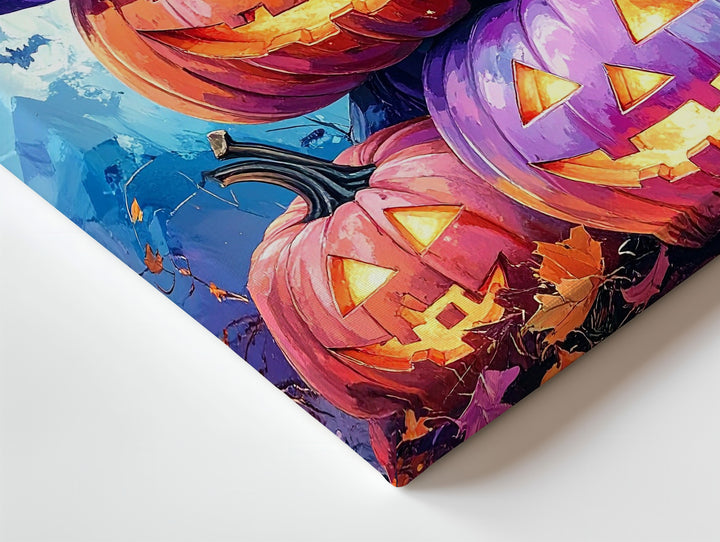 Stacked Wizard Pumpkins Canvas – Glowing Halloween Fantasy Art on Blue - Gifitto