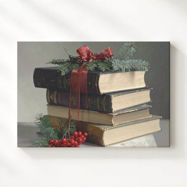 Vintage Book Stack Canvas – Festive Holiday Still Life Art - Gifitto