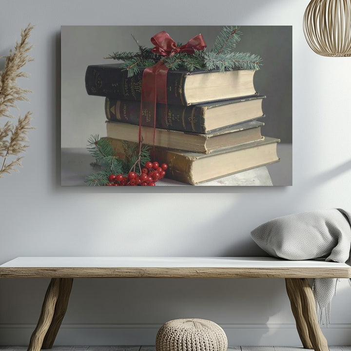 Vintage Book Stack Canvas – Festive Holiday Still Life Art - Gifitto