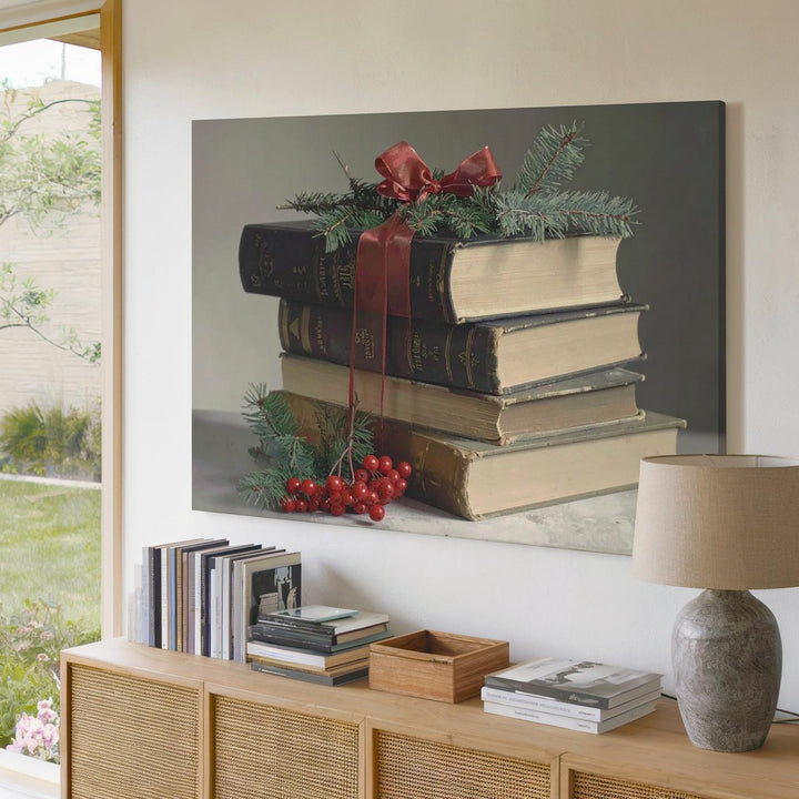Vintage Book Stack Canvas – Festive Holiday Still Life Art - Gifitto
