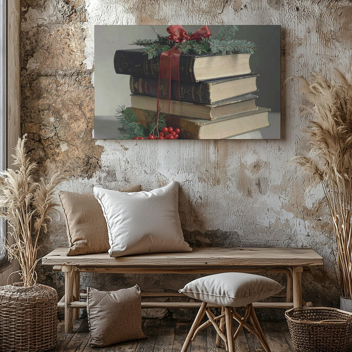 Vintage Book Stack Canvas – Festive Holiday Still Life Art - Gifitto