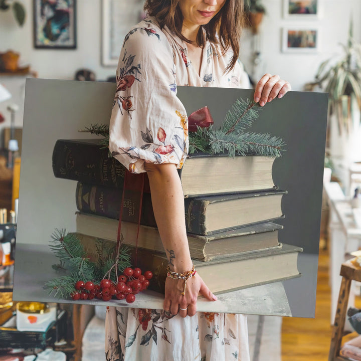 Vintage Book Stack Canvas – Festive Holiday Still Life Art - Gifitto