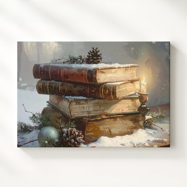 Vintage Books & Pine Canvas – Cozy Christmas Reading & Reflection Scene - Gifitto