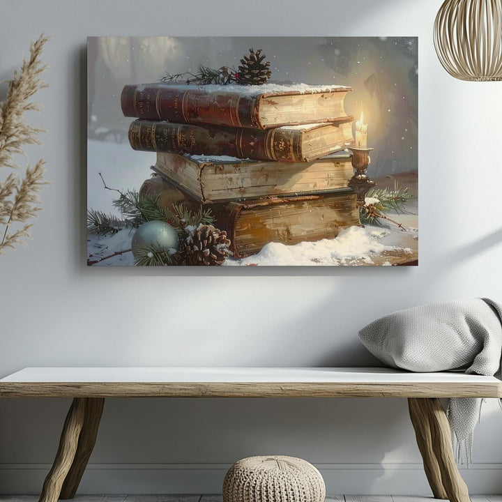 Vintage Books & Pine Canvas – Cozy Christmas Reading & Reflection Scene - Gifitto
