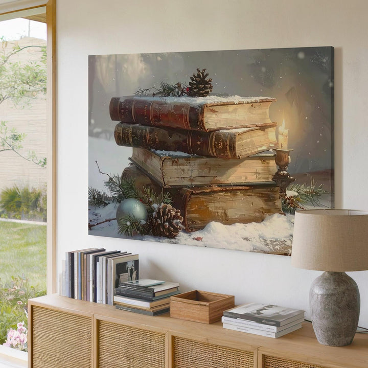 Vintage Books & Pine Canvas – Cozy Christmas Reading & Reflection Scene - Gifitto