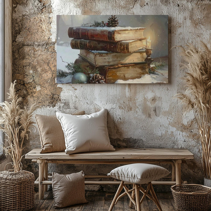 Vintage Books & Pine Canvas – Cozy Christmas Reading & Reflection Scene - Gifitto