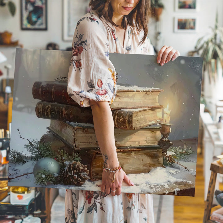 Vintage Books & Pine Canvas – Cozy Christmas Reading & Reflection Scene - Gifitto