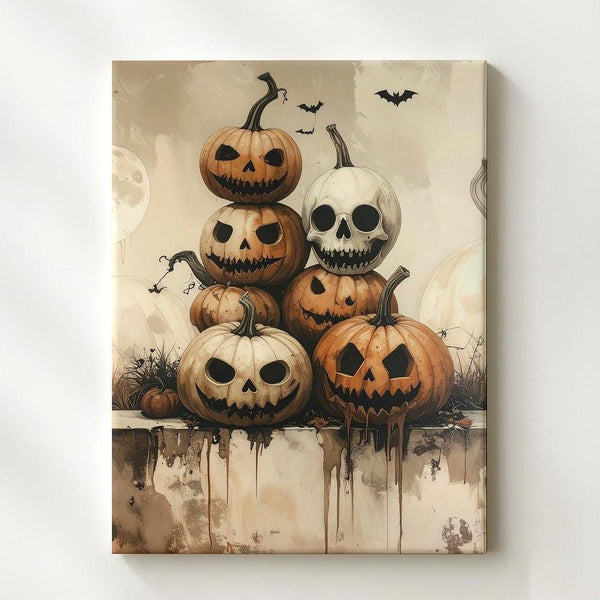 Whimsical Stacked Pumpkin Canvas – Vintage Halloween Jack-O'-Lantern Parade - Gifitto
