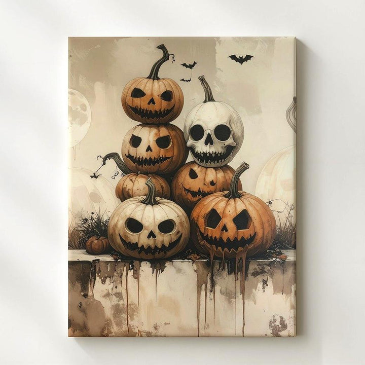 Whimsical Stacked Pumpkin Canvas – Vintage Halloween Jack-O'-Lantern Parade - Gifitto