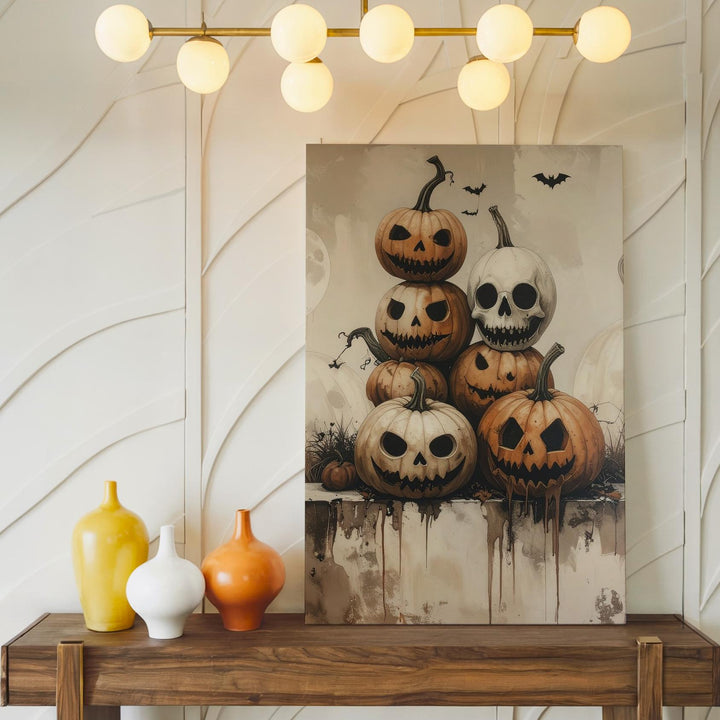 Whimsical Stacked Pumpkin Canvas – Vintage Halloween Jack-O'-Lantern Parade - Gifitto
