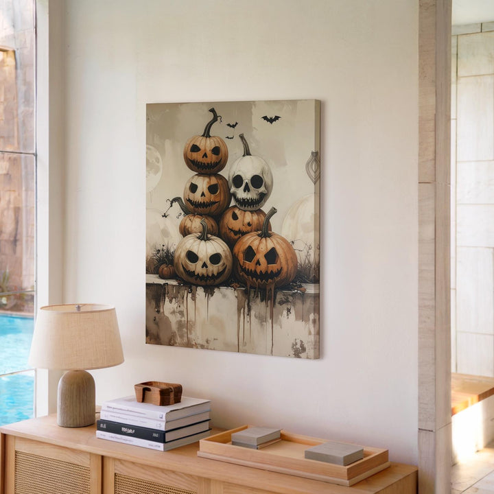 Whimsical Stacked Pumpkin Canvas – Vintage Halloween Jack-O'-Lantern Parade - Gifitto