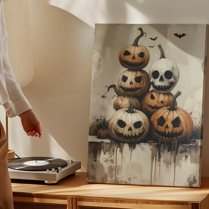 Whimsical Stacked Pumpkin Canvas – Vintage Halloween Jack-O'-Lantern Parade - Gifitto