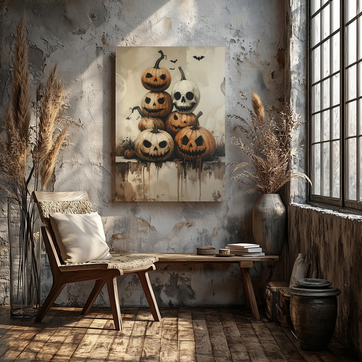 Whimsical Stacked Pumpkin Canvas – Vintage Halloween Jack-O'-Lantern Parade - Gifitto