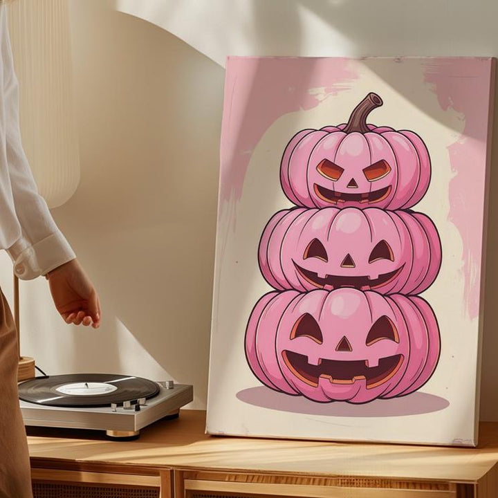 Playful Pink Jack-o’-Lanterns Canvas – Modern Pop-Art Halloween Art - Gifitto
