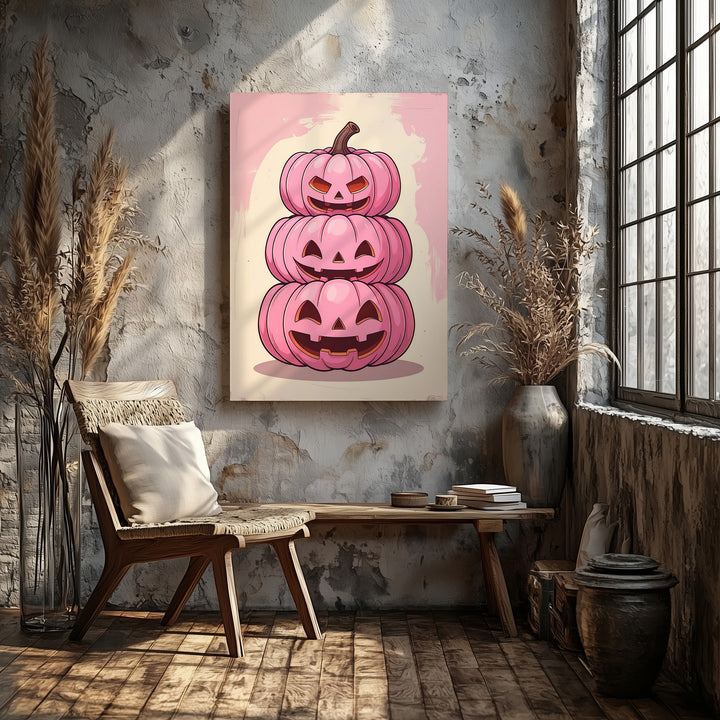 Playful Pink Jack-o’-Lanterns Canvas – Modern Pop-Art Halloween Art - Gifitto