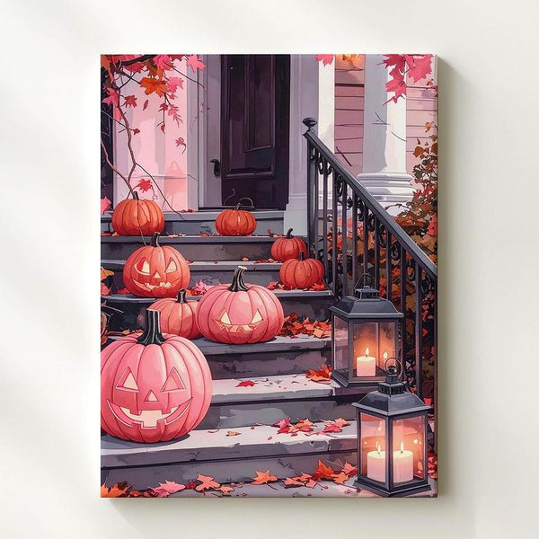 Vintage Autumn Stoop Canvas – Pumpkins & Rustic Lanterns Art - Gifitto