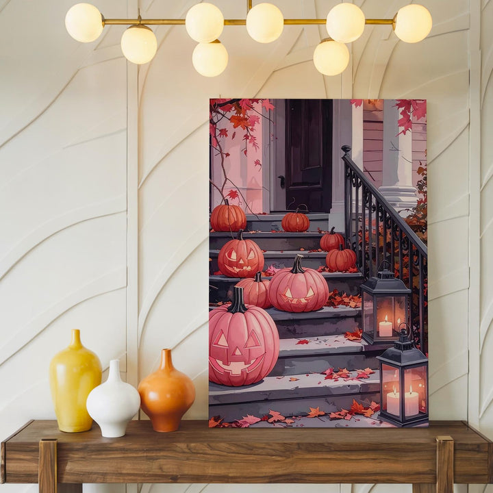 Vintage Autumn Stoop Canvas – Pumpkins & Rustic Lanterns Art - Gifitto