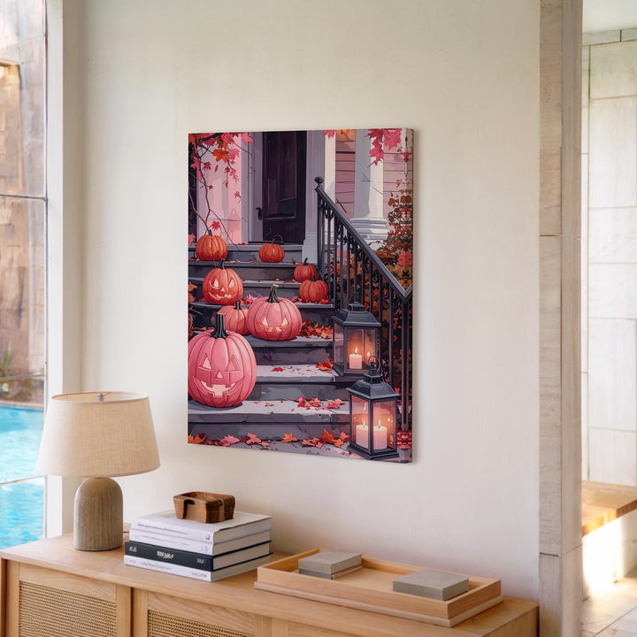 Vintage Autumn Stoop Canvas – Pumpkins & Rustic Lanterns Art - Gifitto