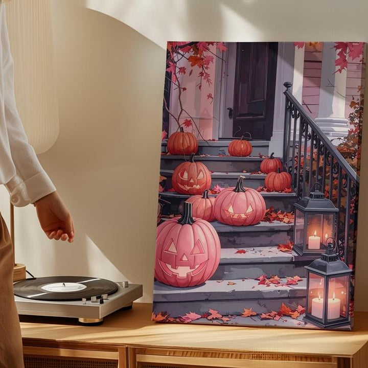 Vintage Autumn Stoop Canvas – Pumpkins & Rustic Lanterns Art - Gifitto