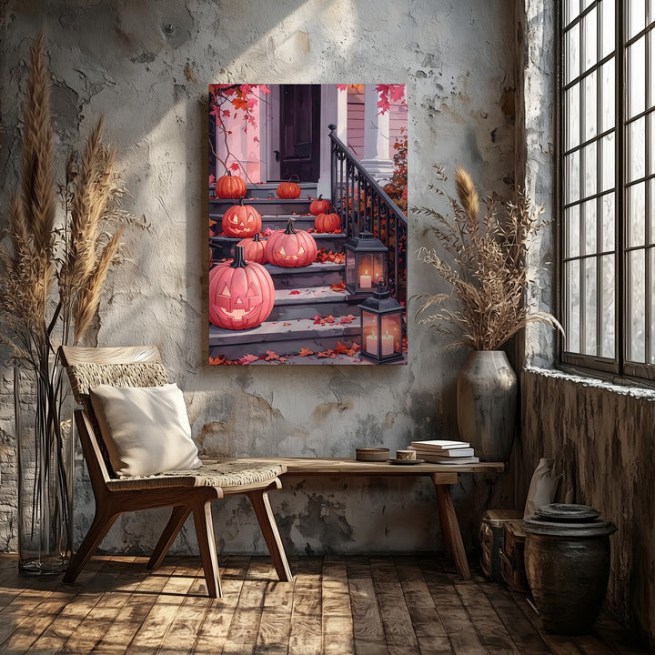 Vintage Autumn Stoop Canvas – Pumpkins & Rustic Lanterns Art - Gifitto