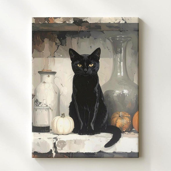 Mystical Black Cat Still Life Canvas – Witchcraft-Inspired Gray Toned Art - Gifitto