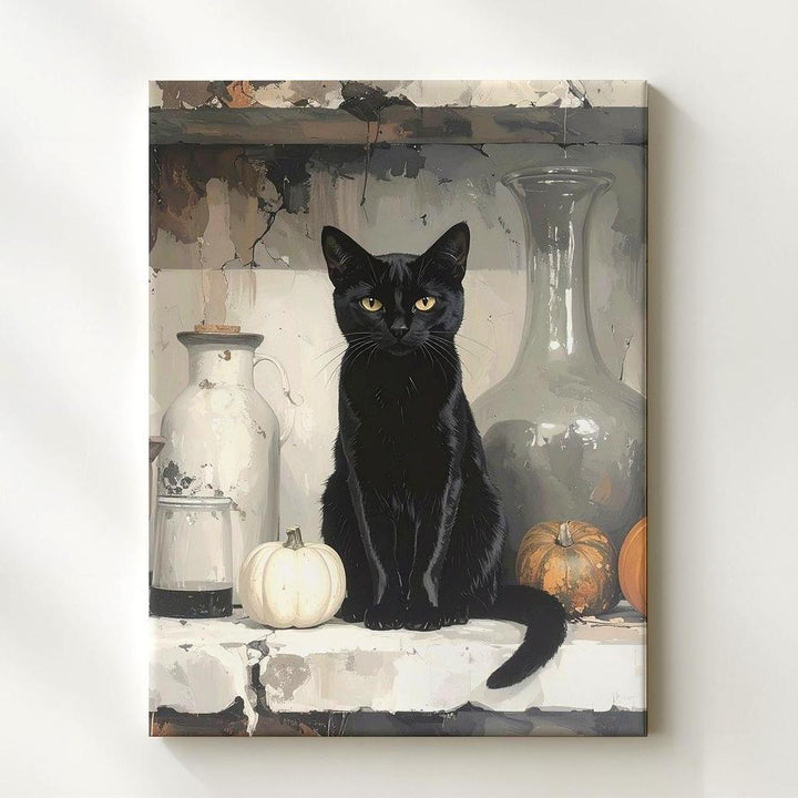 Mystical Black Cat Still Life Canvas – Witchcraft-Inspired Gray Toned Art - Gifitto