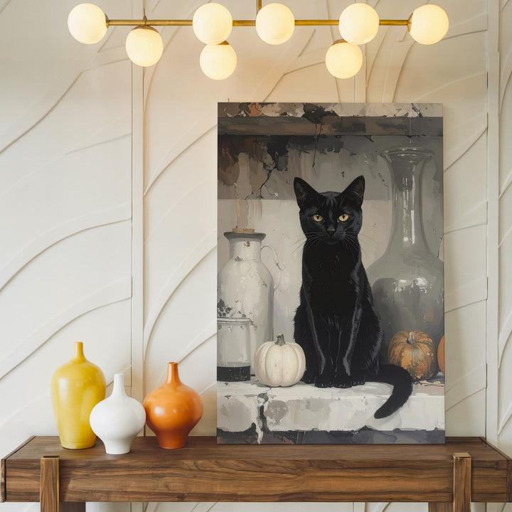 Mystical Black Cat Still Life Canvas – Witchcraft-Inspired Gray Toned Art - Gifitto