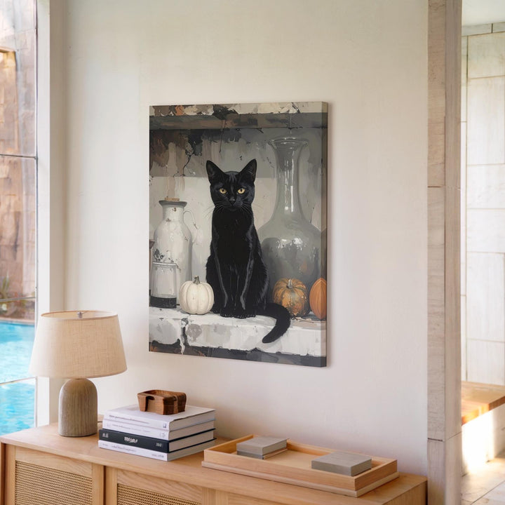 Mystical Black Cat Still Life Canvas – Witchcraft-Inspired Gray Toned Art - Gifitto