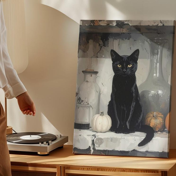 Mystical Black Cat Still Life Canvas – Witchcraft-Inspired Gray Toned Art - Gifitto