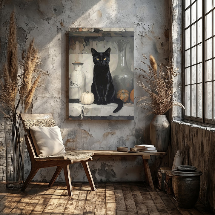 Mystical Black Cat Still Life Canvas – Witchcraft-Inspired Gray Toned Art - Gifitto