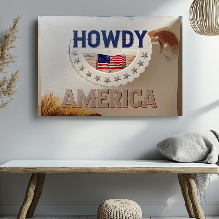 Howdy America Embroidery Canvas – Rustic Western Patriotic Wall Art - Gifitto