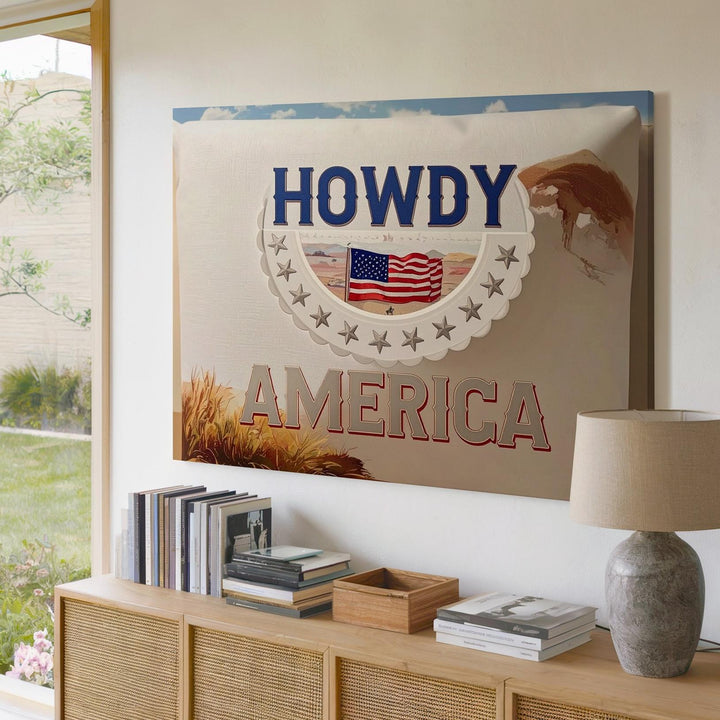 Howdy America Embroidery Canvas – Rustic Western Patriotic Wall Art - Gifitto